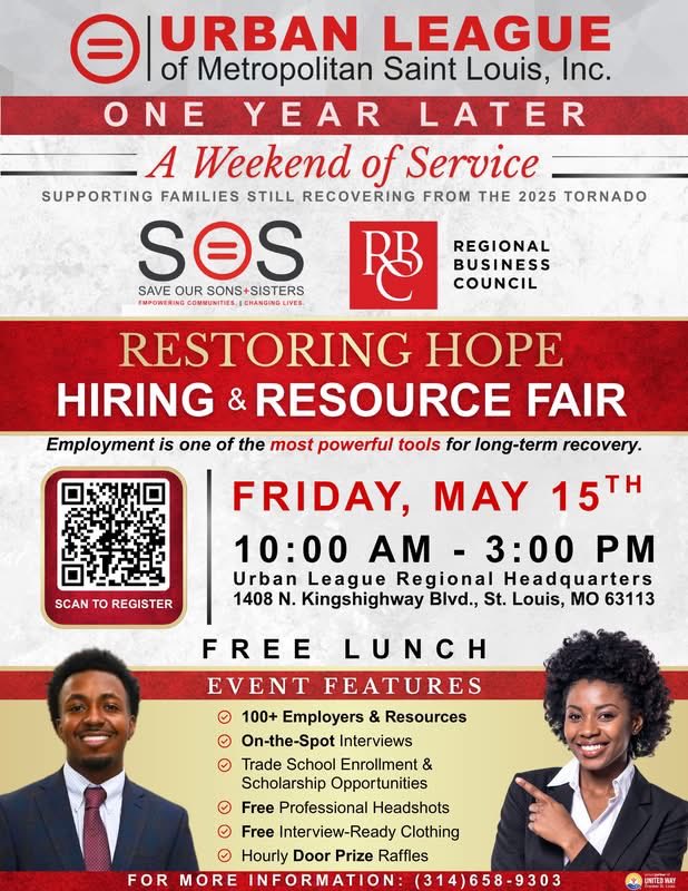 ulstl's tweet photo. This coming weekend, the Urban League of Metropolitan St. Louis, Inc. will bring our community together for “One Year Later: A Weekend of Service” — supporting families and neighborhoods still recovering from the devastating 2025 tornado. https://t.co/ZdZFlHeHcB