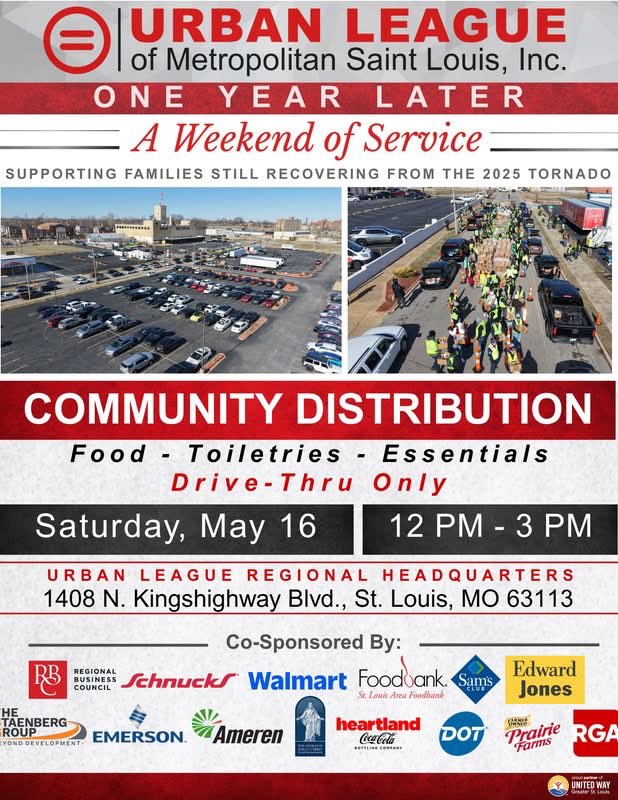 ulstl's tweet photo. This coming weekend, the Urban League of Metropolitan St. Louis, Inc. will bring our community together for “One Year Later: A Weekend of Service” — supporting families and neighborhoods still recovering from the devastating 2025 tornado. https://t.co/ZdZFlHeHcB