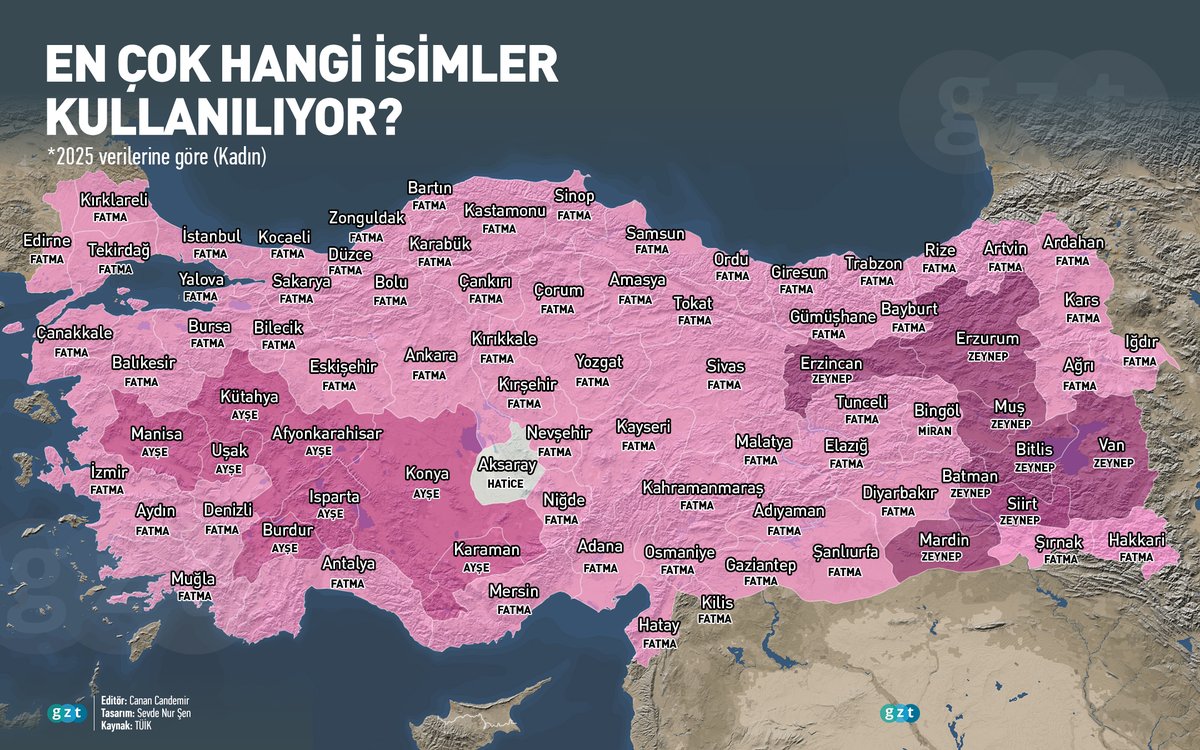 gztcom's tweet photo. 🗺Türkiye'de en yaygın kullanılan kadın isimleri hangileri? https://t.co/EGYWuUnflX