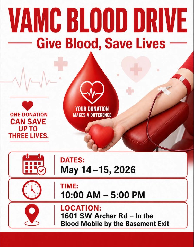 vanfsg's tweet photo. Each blood donation can help save up to three lives. 💉
Join us at the Malcom Randall VAMC Blood Drive and make a real impact in the Veteran community.
Tag a friend and come donate together! 💪❤️

Located at 1601 SW Archer Rd Gainesville, FL 32608 from 10:00 am to 5:00 pm. https://t.co/krN2U2tmwS