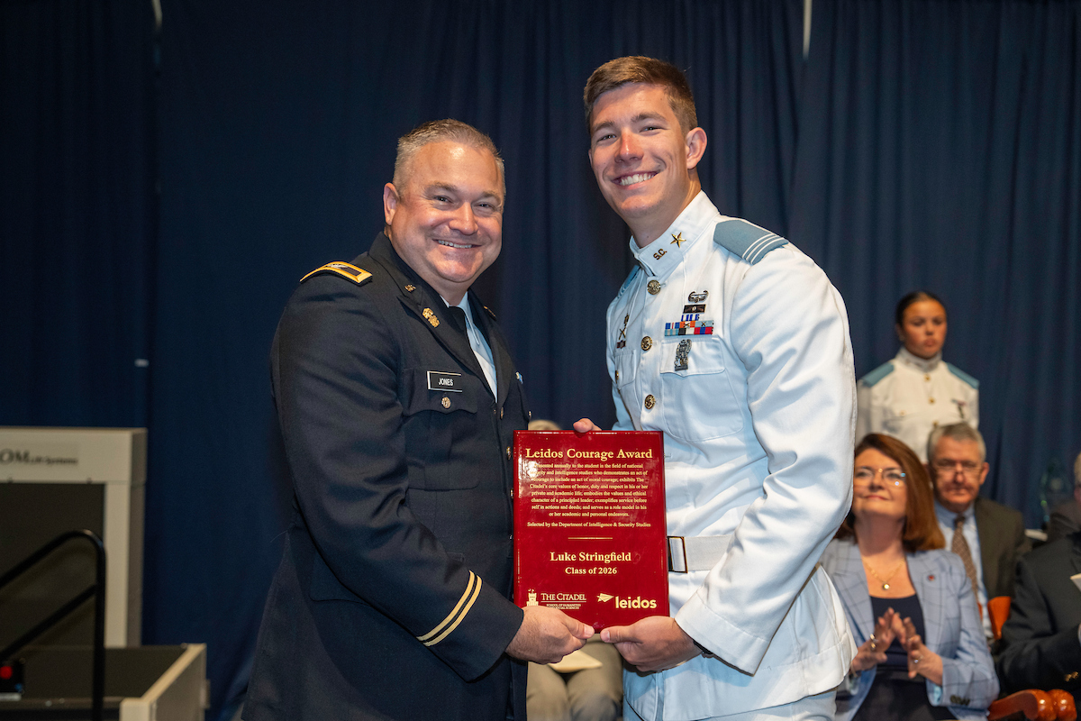 ShssCitadel's tweet photo. Congratulations to Intelligence and Security Studies major Luke Stringfield for receiving the Leidos Courage Award. https://t.co/KhOqRBNTwh
