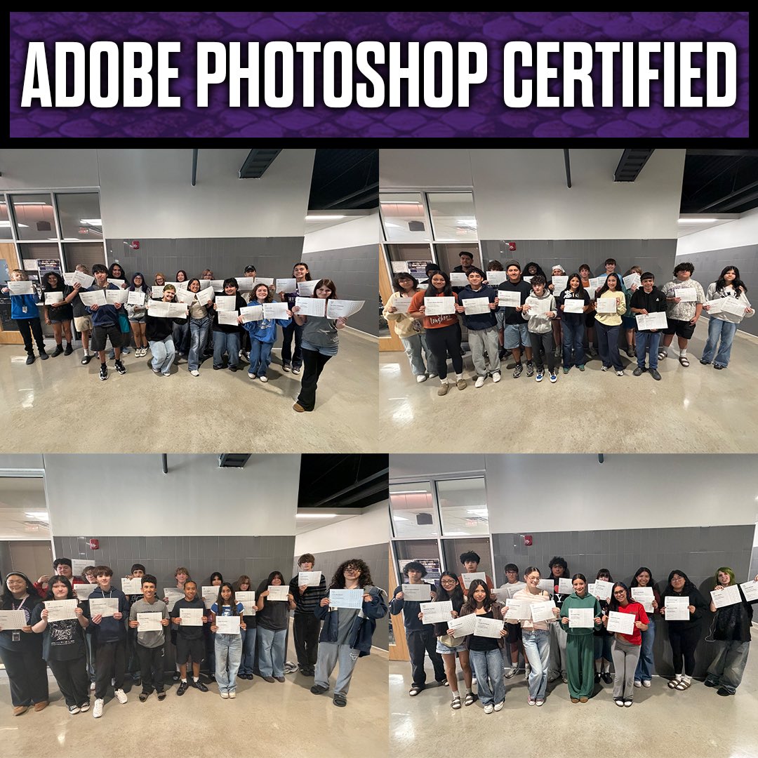 RUNSMHS's tweet photo. Congrats to all of our students who became adobe Photoshop certified this semester! Close to 70 students earned their certificates @SMCISD_CTE @SMHS_SMCISD https://t.co/J5DCQdqcJw