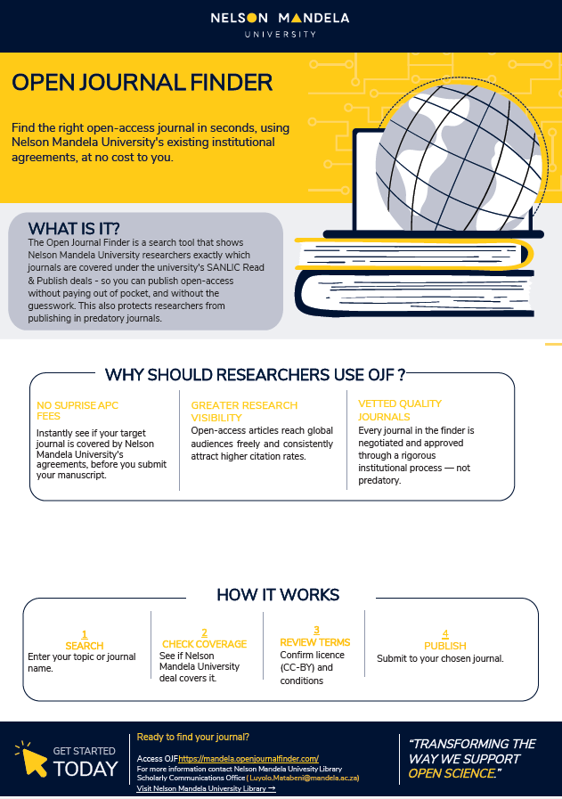 MandelaLibrary's tweet photo. ATT: NMU Researchers
Find the right open-access journal in seconds, using Nelson Mandela University's existing institutional agreements, at no cost to you.  https://t.co/FIpNLHzFMe https://t.co/4gOFqZYOOo