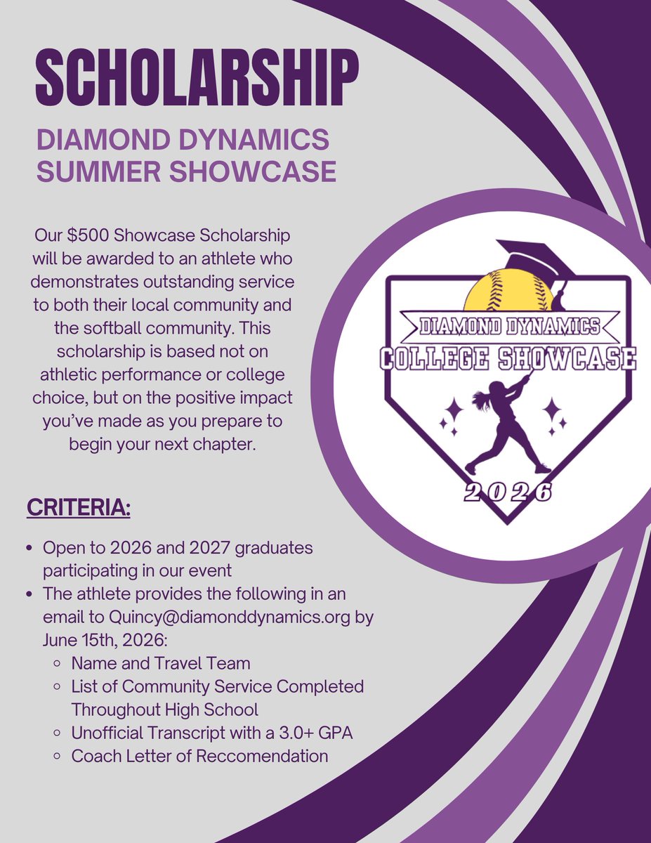 DDSB_Events's tweet photo. If you're attending our summer showcase, scholarship applications are due June 15th to Quincy@diamonddynamics.org for consideration! 

💜 2026 or 2027 graduate 
💜 3.0 GPA 
💜 List of Community Service Completed 
💜 Coach Letter of Recommendation https://t.co/JLl5hXwtgC