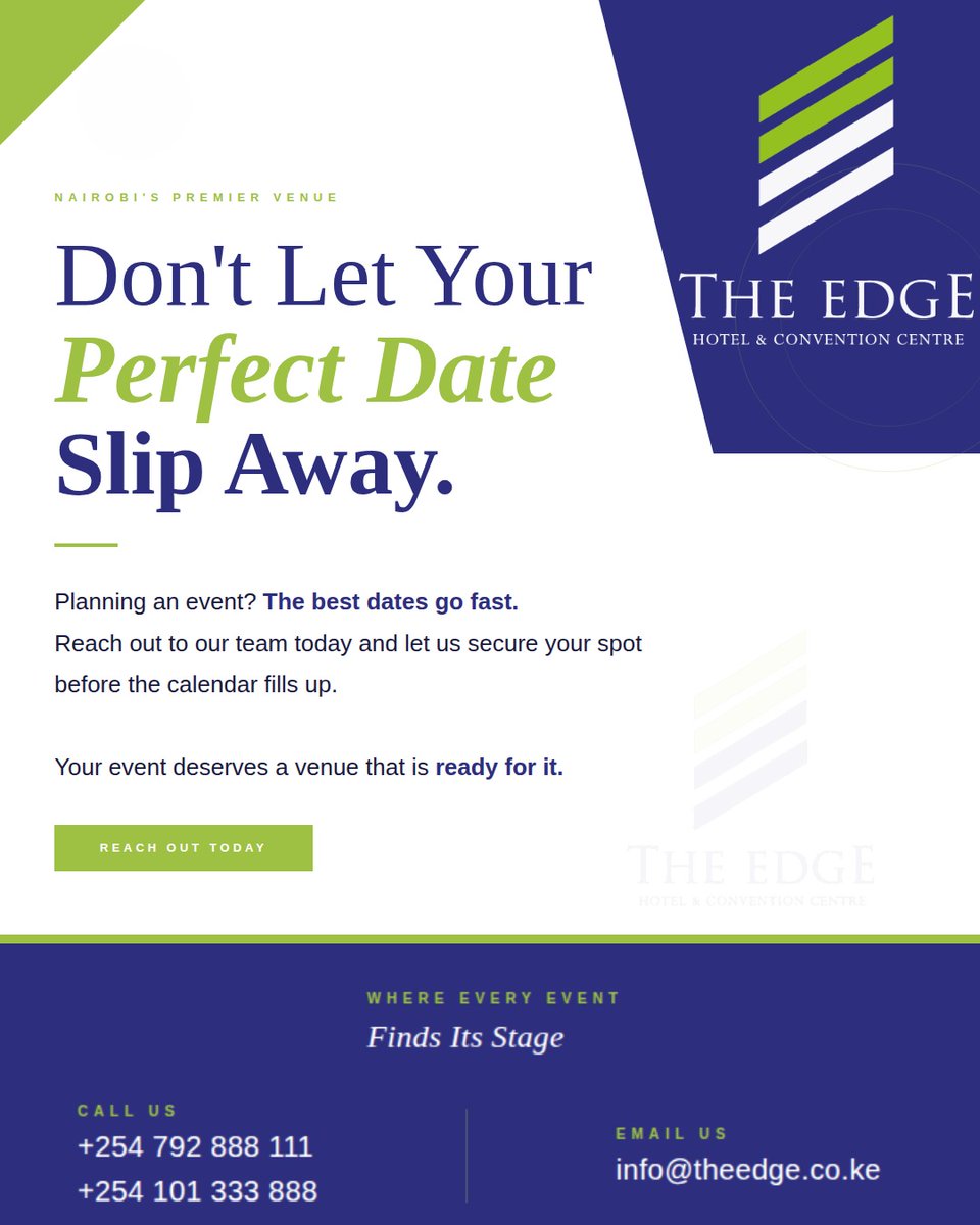 EdgeConventionC's tweet photo. Planning an event? The best dates go fast. Reach out to our team today and let us secure your spot before the calendar fills up. Your event deserves a venue that is ready for it.
📞 +254 792 888 111 | +254 101 333 888
📧 info@theedge.co.ke
#ConventionsNairobi #BookNow #EventVenue https://t.co/lFLJShnMHU
