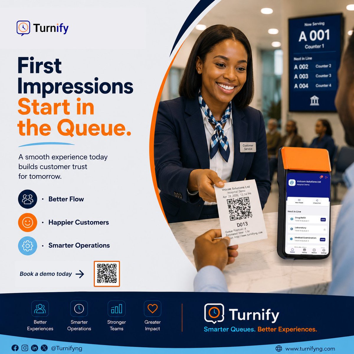 Turnifyng's tweet photo. The experience starts in the queue 👀

Smooth flow = happier customers 💙

Turnify helps businesses reduce waiting stress and create smarter service experiences.

Smarter Queues. Better Experiences.

#Turnify #CustomerExperience #SmartQueueManagement #TurnifyNigeria https://t.co/nVCQBWn7rv