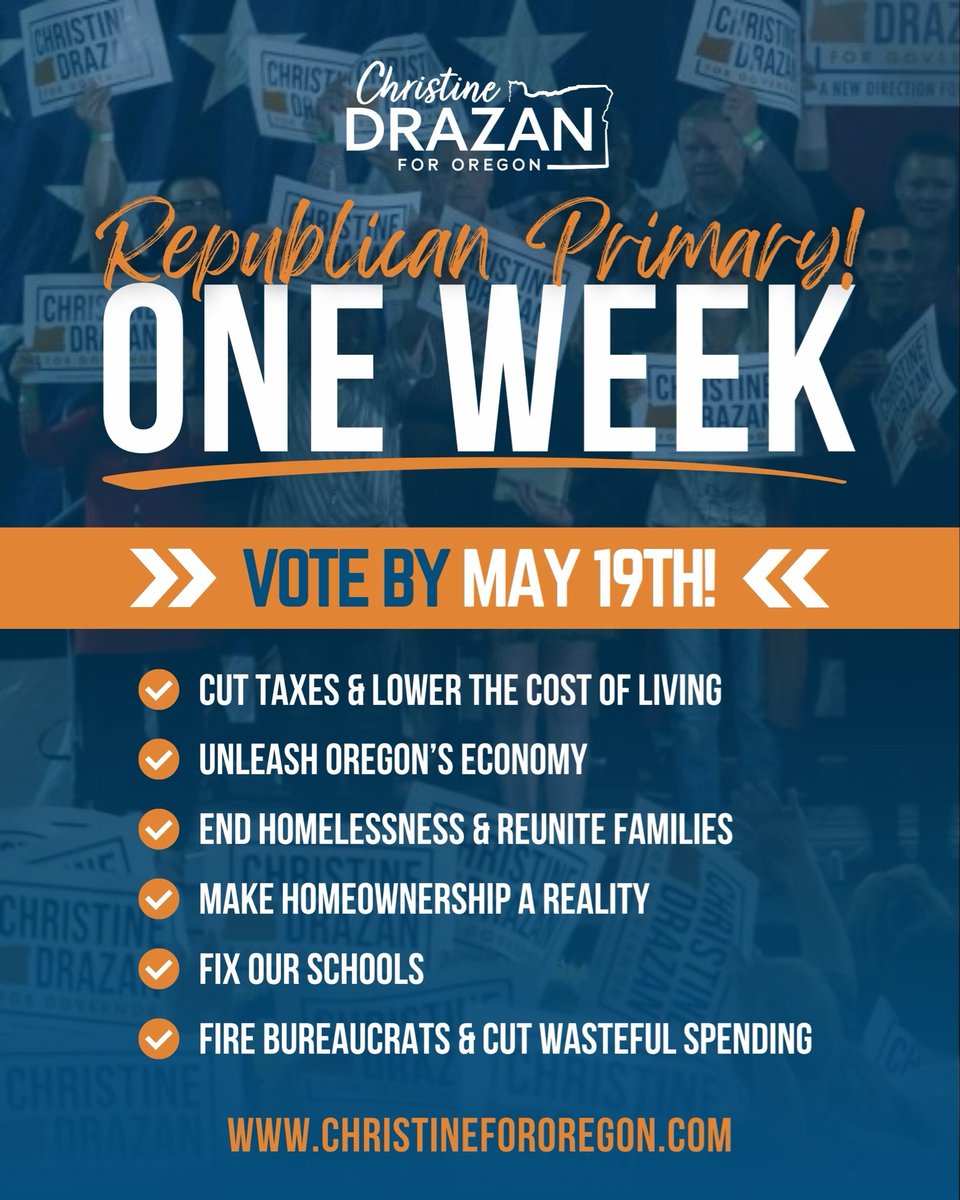 ChristineDrazan's tweet photo. 🚨ONE WEEK UNTIL THE PRIMARY🚨

Every Oregon family deserves to live in a safe community, afford a good home for their family and send their kids to schools that give them the education they deserve.

They deserve better than the failures we've seen for four years under Tina Kotek.

Vote and turn your ballot in by May 19th!