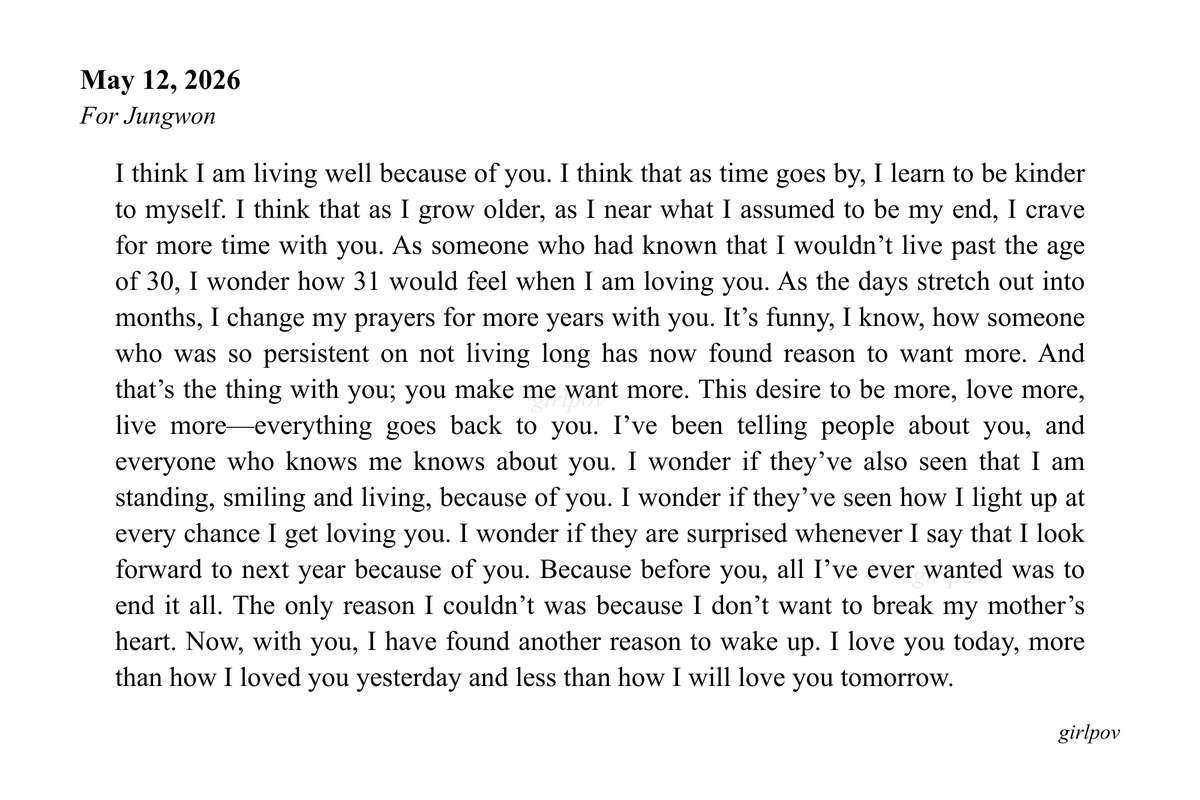 girlpov's tweet photo. I love you today, more than how I loved you yesterday and less than how I will love you tomorrow.

#양정원 https://t.co/vO6jUHmXJo