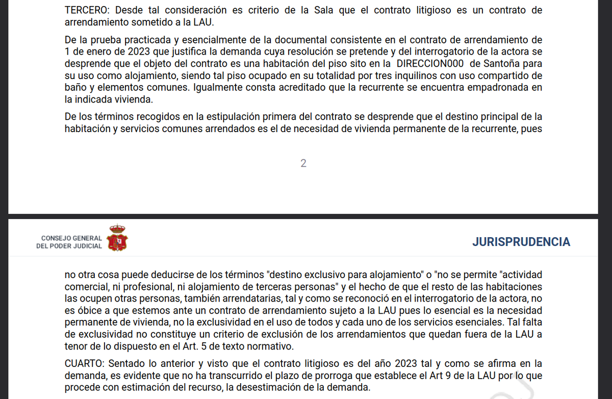 EduRobsy's tweet photo. Esta sentencia reciente de la Audiencia Provincial de #Cantabria es MUY IMPORTANTE para quien esté alquilando una #habitación: considera que estos contratos equivalen a los de #alquiler de #vivienda habitual de la LAU, por lo que les corresponde la misma duración: 5/7 años. Esperemos que esta "jurisprudencia menor" se confirme pronto y adquiera carta de naturaleza. https://t.co/Re4EpGL3jA