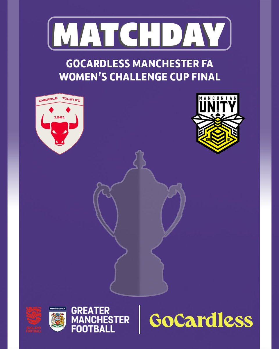 Manchester_FA's tweet photo. 𝙄𝙩'𝙨 𝙈𝙖𝙩𝙘𝙝𝙙𝙖𝙮 🏆
Tonight, @CheadleStingers play @MancunianUnity in the @GoCardless Women's Challenge Cup Final!
🏟️ @AshtonUnitedFC, Hurst Cross
ℹ️ https://t.co/VAVhgFukI4
📺 Can't attend? Watch live on YouTube!
#MFAChallengeCup | #CHEMAN https://t.co/OCZcamEoaC