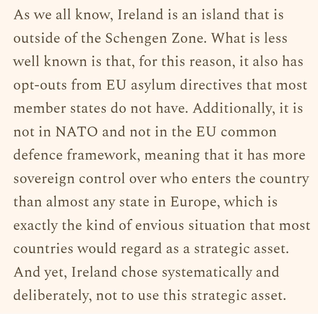 AhernHerbe8277's tweet photo. Absolutely brilliant essay. 
We are blessed to have Sinéad O'Sullivan as a nation. Unfortunately she is too honest for Irish mainstream media.
Main Conclusions:

 1. As Ireland is not in the Schengen Zone, the EU has virtually no control over Ireland's immigration policy. The Buck stops with FFFG.
2. Ireland has no visible immigration strategy of any kind; no integration policy; and probably the loosest work visa and naturalisation laws on the planet.
4. Ireland's infrastructure and public services capacity have not meaningfully increased since the 1990s when Ireland had a population of 3.6 million despite having nearly doubled since to 5.5 million. 
This is the main cause of Ireland's chronic housing shortages, poor outcomes and waiting lists in healthcare, and shortages in school and university places for Irish patients.
5. Ireland's immigration policies are neither fair nor humane on the Irish indigenous population, or the immigrants attracted here on false promises.

Conclusion: This is never, ever getting better while FF and/or FG are in government. 
Independent Ireland and Aontú seem like our only options for a better Ireland