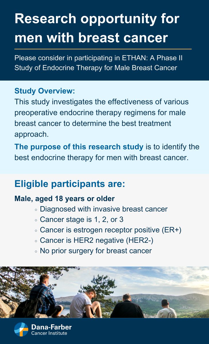 DFCI_BreastOnc's tweet photo. @DFCI_BreastOnc and @TheTBCRC are leading the #ETHANstudy, which evaluates endocrine therapies to identify the best treatment for men with ER+/HER2- #BreastCancer prior to surgery for #MaleBreastCancer. ​
For more information call 877-338-7425 or visit:​
https://t.co/wmcrnUWvXR https://t.co/v56M3HzJTO