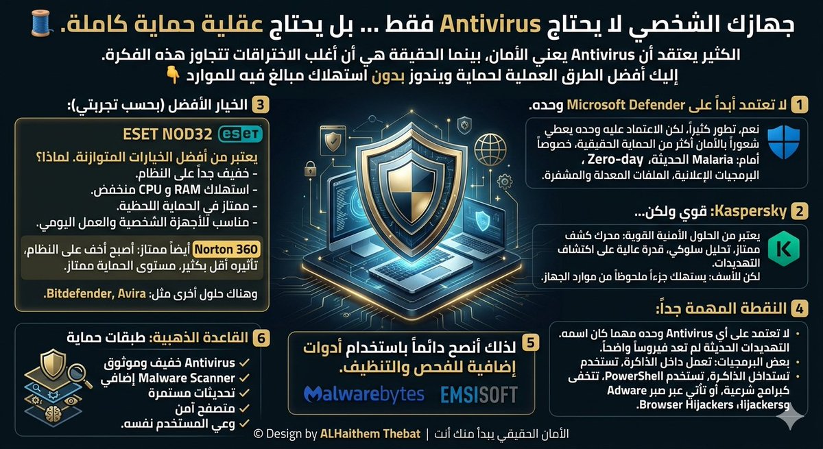 alhaithem's tweet photo. جهازك الشخصي لا يحتاج “ Antivirus ” فقط ...
بل يحتاج عقلية حماية كاملة. 🧵

الكثير يعتقد أن تثبيت أي Antivirus يعني أن جهازه أصبح آمناً، بينما الحقيقة أن أغلب الاختراقات اليوم تتجاوز هذه الفكرة بسهولة.
إليك ما أعتبره من أفضل الطرق العملية لحماية نظام ويندوز بدون استهلاك مبالغ فيه للموارد 👇

1️⃣ لا تعتمد أبداً على Microsoft Defender وحده.

نعم، تطور كثيراً خلال السنوات الأخيرة…
لكن الاعتماد عليه وحده يعطي شعور أمان أكثر من كونه حماية حقيقية، خصوصاً أمام:

• Malware الحديثة
• Zero-day
• البرمجيات الإعلانية
• الملفات المعدلة والمشفرة

2️⃣  يعتبر Kaspersky من الحلول الأمنية القوية الموجودة حالياً.
محرك كشف ممتاز جداً، وتحليل سلوكي قوي، وقدرة عالية على اكتشاف التهديدات الحديثة.

لكن للأسف:
يستهلك جزءاً ملحوظاً من موارد الجهاز، حتى لو كنت تستخدم جهازاً بمواصفات ممتازة.

3️⃣ الخيار الأفضل — بحسب تجربتي —
ESET NOD32 يعتبر من أفضل الخيارات المتوازنة.
لماذا؟
• خفيف جداً على النظام
• استهلاك RAM وCPU منخفض
• ممتاز في الحماية اللحظية
• مناسب للأجهزة الشخصية والعمل اليومي

لهذا أعتبره خياراً ذكياً لمن يريد حماية قوية بدون التضحية بالأداء.

ولا تختلف تجربتي كثيراً مع إعجابي بـ Norton 360،
خصوصاً بعد عمليات التطوير الكبيرة التي حصل عليها خلال السنوات الماضية، وأبرزها:

• أصبح أخف على النظام
• تأثيره على الأداء أقل بكثير من السابق
• مستوى الحماية أصبح ممتازاً ومرضياً جداً
وهناك أيضاً حلول قوية أخرى مثل:

• Bitdefender
• Avira
• وغيرها...

4️⃣ لكن هنا النقطة المهمة جداً: 

لا تعتمد على أي Antivirus وحده… مهما كان اسمه.

التهديدات الحديثة لم تعد تعتمد فقط على “فيروس واضح” يمكن اكتشافه بسهولة.
بعض البرمجيات الخبيثة اليوم:
• تعمل داخل الذاكرة
• تستخدم PowerShell
• تتخفى كبرامج شرعية
• أو تأتي عبر Adware وBrowser Hijackers

5️⃣ لذلك أنصح دائماً باستخدام أدوات إضافية للفحص والتنظيف.

وأهمها:
Malwarebytes Free

هذه الأداة مرعبة فعلياً في اكتشاف:
• Adware
• PUPs
• Browser Hijackers
• وبعض هجمات Zero-day

وغالباً ستكتشف أشياء لم يكتشفها الـ Antivirus الأساسي.

6️⃣ أداة أخرى ممتازة جداً:
Emsisoft Emergency Kit
أداة محمولة (Portable) لا تحتاج تثبيت، وممتازة للفحص العميق والتنظيف الاحترافي.

أستخدمها دائماً كـ:
“Second Opinion Scanner”

خصوصاً بعد أي إصابة أو سلوك مريب في النظام.

7️⃣ القاعدة الذهبية:
أفضل حماية لويندوز ليست برنامجاً واحداً…

بل طبقات حماية:

✔️ Antivirus خفيف وموثوق
✔️ Malware Scanner إضافي
✔️ تحديثات مستمرة
✔️ متصفح آمن
✔️ وعي المستخدم نفسه

8️⃣ وتذكر دائماً:

أغلب الاختراقات لا تبدأ من “هاكر خارق”…

بل من:
• ملف تم تحميله بسرعة
• Crack مجهول
• إضافة متصفح خبيثة
• أو رسالة بريد مزيفة
الأمان الحقيقي يبدأ من المستخدم نفسه. 🔐