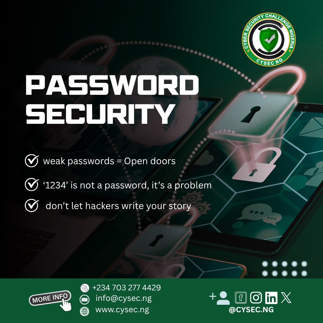 CYSECNG's tweet photo. Weak passwords create strong opportunities for hackers. 🔐

Use strong, unique passwords and enable multi-factor authentication to better protect your digital identity and systems.

Cybersecurity starts with awareness.

#CyberSecurity #PasswordSecurity #CYSECNG https://t.co/UEDxhCwFuc
