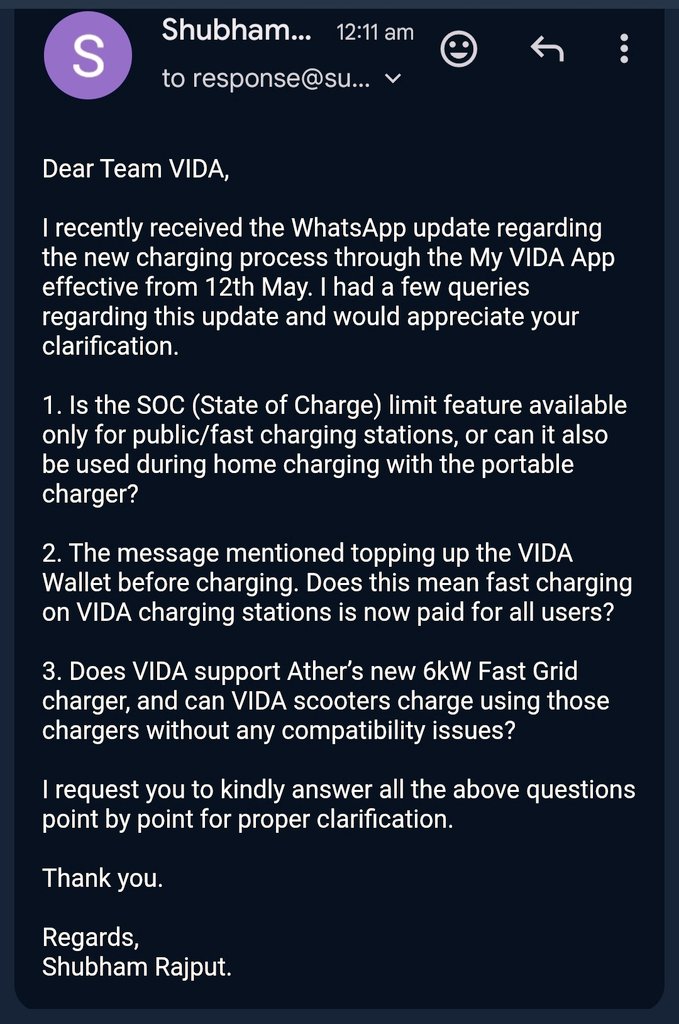 nm_shubham098's tweet photo. IMPORTANT NEWS FOR VIDA OWNERS; I asked Vida Team a few important questions and here is their responce. Now on we have to pay to Charge our Vida on its and Ather Grid. @VidaDotWorld https://t.co/vWV0gCVW1A