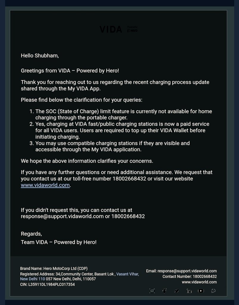 nm_shubham098's tweet photo. IMPORTANT NEWS FOR VIDA OWNERS; I asked Vida Team a few important questions and here is their responce. Now on we have to pay to Charge our Vida on its and Ather Grid. @VidaDotWorld https://t.co/vWV0gCVW1A