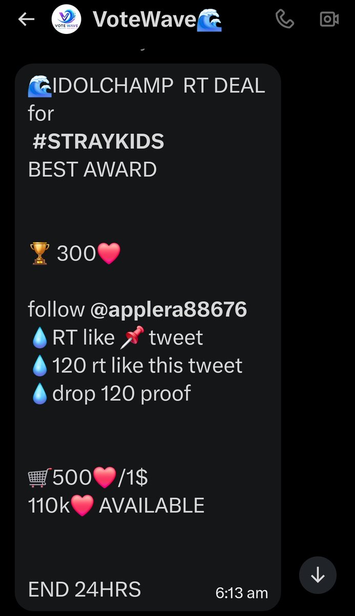 Miral_Bahaa_'s tweet photo. IDOLCHAMP  RT DEAL for
 #STRAYKIDS 

BEST AWARD

🏆 300❤️

follow @applera88676 
💧RT like @applera88676  pinned 📌 tweet
💧120 rt and like to this tweet
💧drop 120 proof

🛒500❤️/1$
110k❤️ AVAILABLE 

END 24HRS https://t.co/HpBIaW2WbI