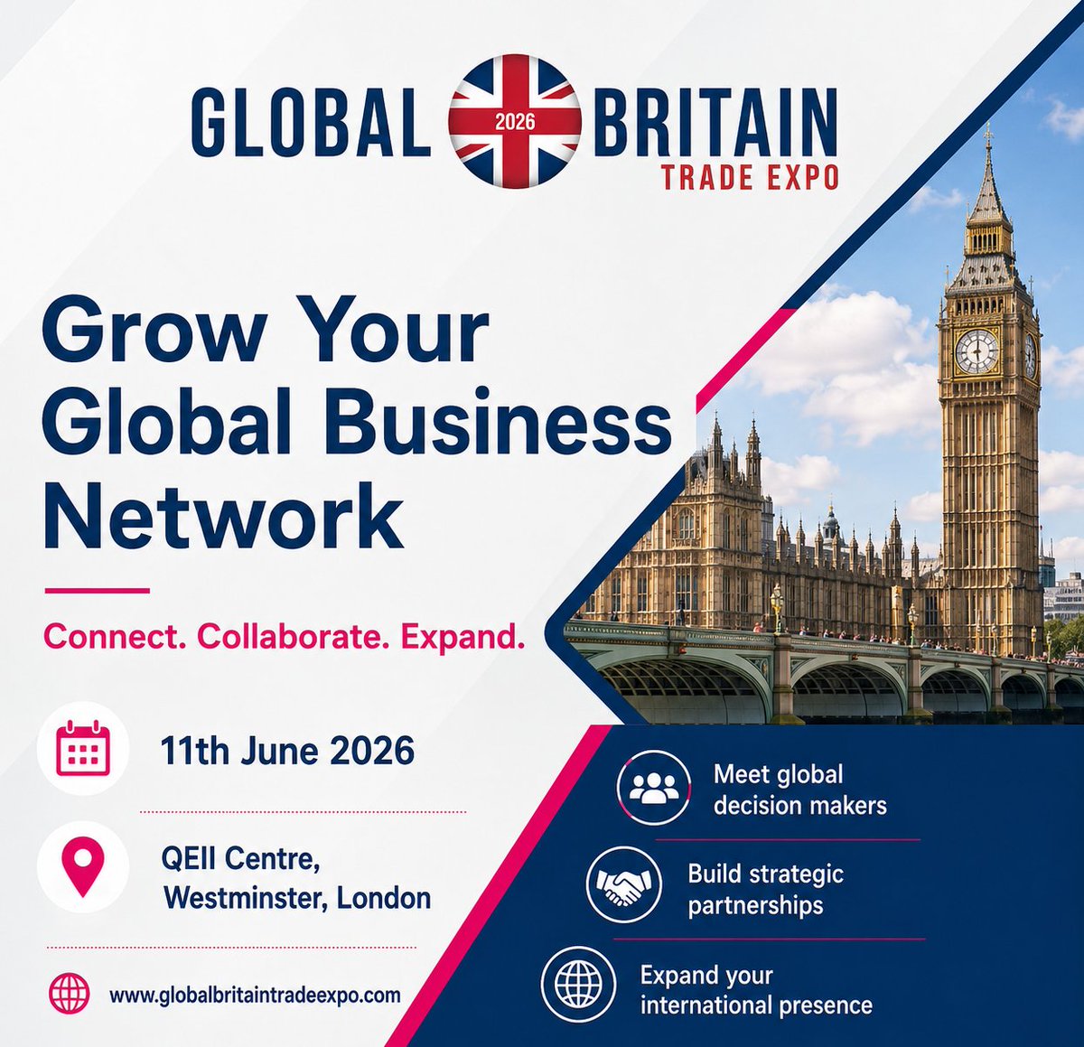 GBTE26's tweet photo. Connect. Collaborate. Expand.

On 11th June 2026, the Global Britain Trade Expo 2026 returns to the iconic QEII Centre, bringing together more than 1,200 delegates from 36 countries for one of the UK’s leading international trade events.

With 35 expert speakers, 75 exhibitors and service providers, and a full day dedicated to international growth, the event is designed to help British businesses build connections, gain practical insight, and unlock new opportunities in global markets.

The 2026 programme will explore some of the most important topics facing exporters today, including:

•⁠ ⁠Trade policy and tariffs
•⁠ ⁠Customs and compliance
•⁠ ⁠ESG and sustainable manufacturing
•⁠ ⁠Entering and scaling in complex international markets

Whether you are already exporting or looking to begin your international growth journey, GBTE 2026 offers valuable insight, high-level networking, and direct access to organisations supporting UK businesses worldwide.

Global Britain Trade Expo 2026,
11th June 2026, QEII Centre, Westminster, London
Book your pass at https://t.co/4QoPC3P7Bu 

#GBTE26 #InternationalTrade #Export #BusinessGrowth #Networking #London #GlobalBusiness