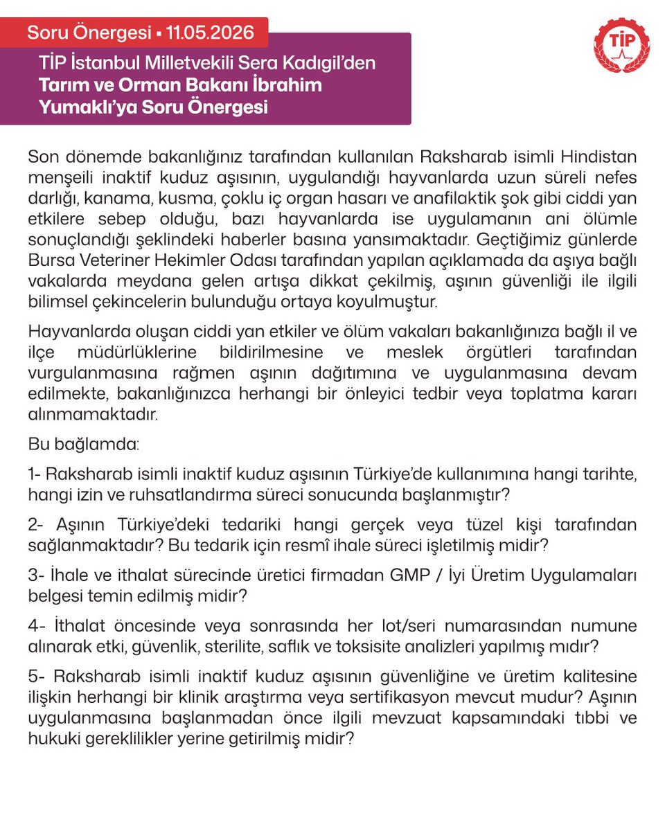 TipEkoloji's tweet photo. Tarım ve Orman Bakanlığı tarafından kullanılan Raksharab isimli inaktif kuduz aşısının, uygulandığı hayvanlarda uzun süreli nefes darlığı, kanama, kusma, çoklu iç organ hasarı ve anafilaktik şok gibi ciddi yan etkilere sebep olduğu, bazı hayvanlarda ise uygulamanın ani ölümle sonuçlanması kamuoyuna yansımıştır.
Milletvekilimiz Sera Kadıgil, Bursa Veteriner Hekimler Odası'nın da dikkat çektiği konuyu TBMM gündemine getirerek Tarım ve Orman Bakanına yanıtlamak üzere Soru Önergesi vermiştir.
TİP Hayvan Hakları Komisyonu olarak sorularımızın takipçisiyiz. Yaşamda inat ediyoruz.