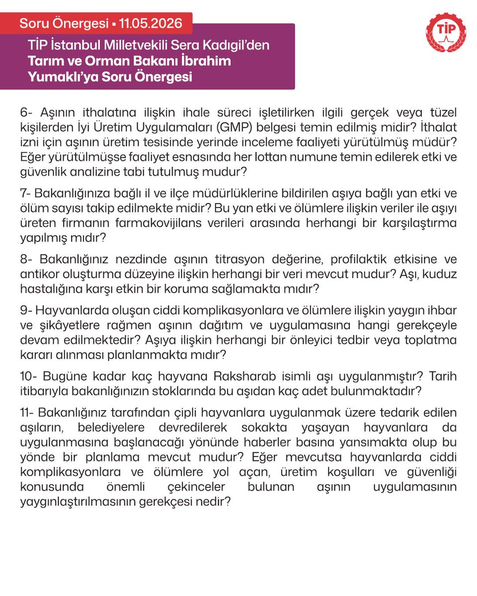 TipEkoloji's tweet photo. Tarım ve Orman Bakanlığı tarafından kullanılan Raksharab isimli inaktif kuduz aşısının, uygulandığı hayvanlarda uzun süreli nefes darlığı, kanama, kusma, çoklu iç organ hasarı ve anafilaktik şok gibi ciddi yan etkilere sebep olduğu, bazı hayvanlarda ise uygulamanın ani ölümle sonuçlanması kamuoyuna yansımıştır.
Milletvekilimiz Sera Kadıgil, Bursa Veteriner Hekimler Odası'nın da dikkat çektiği konuyu TBMM gündemine getirerek Tarım ve Orman Bakanına yanıtlamak üzere Soru Önergesi vermiştir.
TİP Hayvan Hakları Komisyonu olarak sorularımızın takipçisiyiz. Yaşamda inat ediyoruz.