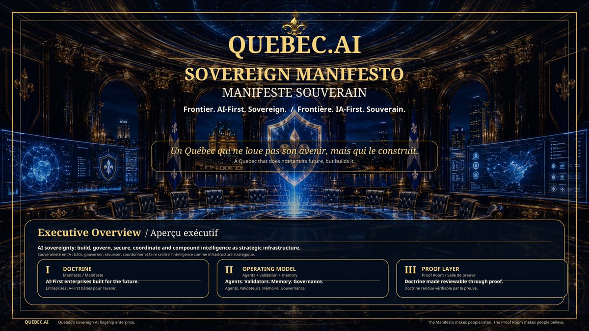 Quebec_AI's tweet photo. https://t.co/iXByvvU61k — Manifeste souverain / Sovereign Manifesto
⚜️ Un Québec qui ne loue pas son avenir, mais qui le construit.
⚜️ A Québec that does not rent its future, but builds it.
Frontière. IA‑First. Souverain.
Frontier. AI‑First. Sovereign.
#QuebecAI #QuebecIA https://t.co/lkZjiHViNP