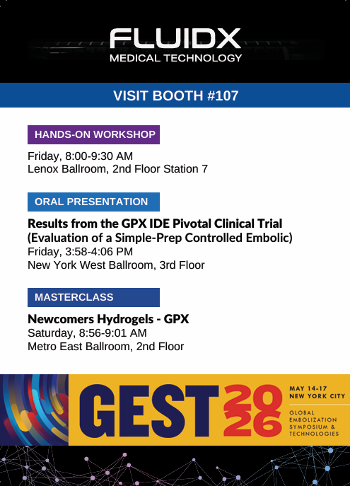 GPX_Embolics's tweet photo. 📅 Come see us at #GEST in NYC from May 14–17 to learn more about the advances in the #Fluidx #embolic portfolio.

🔵 GEST Booth #107 | #MedTech #Embolotherapy #InterventionalRadiology #Embolization #IR #neurovascular #peripheralvascular #oncology #interventionaloncology https://t.co/xlY75cq6Zb
