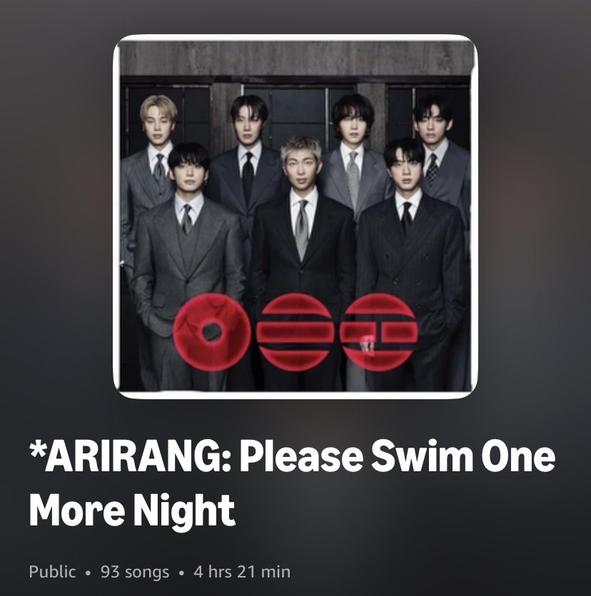 armyonamazon's tweet photo. Want to show some Amazon love to the #BTS_ARMY Spotify vs Apple streaming battle &amp; also support #BTS_ARIRANG? Checkout the “ARIRANG: Please Swim One More Night” playlist on Amazon Music: https://t.co/X8oLp9hthV

#SwimPlease #SwimOneMoreNight https://t.co/9vyPT4O4Ck