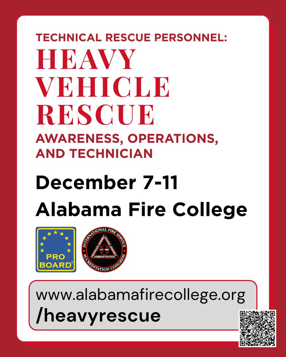 ALFireCollege's tweet photo. Master heavy vehicle rescue operations with AFC’s Heavy Rescue course! Learn size-up, stabilization, lifting/moving vehicles, victim disentanglement, access/egress, and incident termination based on NFPA 1006 standards.

December 7-11, 2026
https://t.co/kU8dK3SnOT https://t.co/tPCUoBZHoA