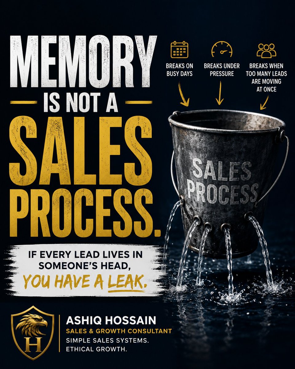 Ashiq10X's tweet photo. “I’ll remember to follow up” has killed more deals than most bad pitches.

Memory is not a sales process.

It is a revenue leak with confidence. https://t.co/3hNfLpOBuQ