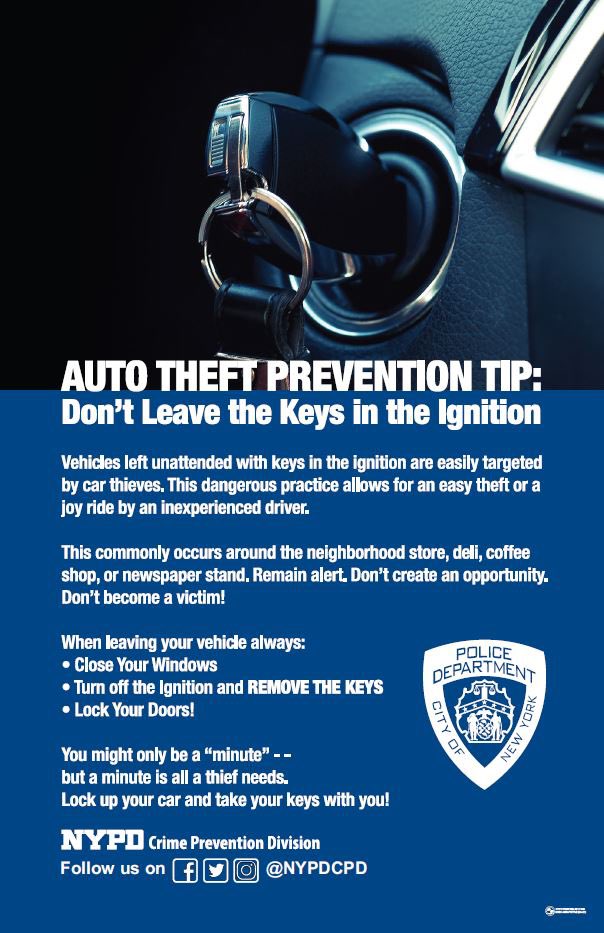 NYPD1Pct's tweet photo. You might only be gone for a "minute," but that's all a thief needs to take your vehicle for a joy ride. 🛑🚗
Remember: 
✅ Remove your keys 
✅ Close all windows 
✅ Lock your doors https://t.co/PRxFrk6bNX