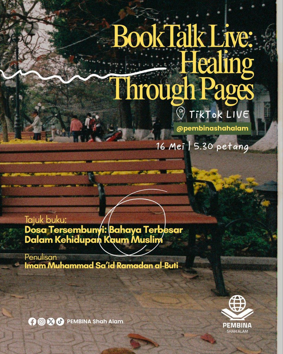 pembinashahalam's tweet photo. POV: hati penat, tapi tak tahu kenapa.

Maybe it’s not burnout.
Maybe ada benda dalam hati yang kita terlepas pandang.

Jom chill kejap &amp; join BookTalk Live: Healing Through Pages 📚✨
Kita sembang pasal buku:
“Dosa Tersembunyi: Bahaya Terbesar Dalam Kehidupan Kaum Muslim || https://t.co/vjfNlQb3X5