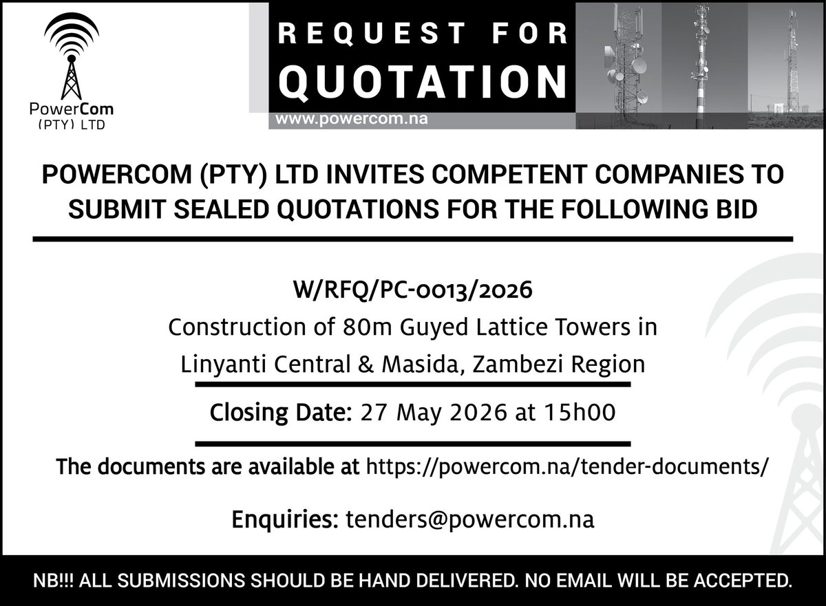 powercomna's tweet photo. Procurement opportunities at PowerCom - Construction  of 80m Guyed Lattice Towers in Linyanti Central &amp; Masida, Zambezi Region

#opportunities #towerbusiness #passiveinfrastructures https://t.co/EGxWG57NQe