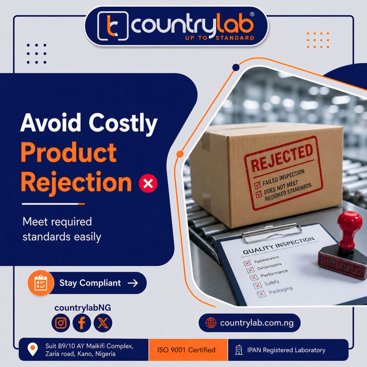 CountrylabNG's tweet photo. Avoid product rejection and penalties. Stay compliant with proper lab testing.
#compliance #Son #Isostandards #safefood #contaminationprevention https://t.co/oSrHQOcdsp