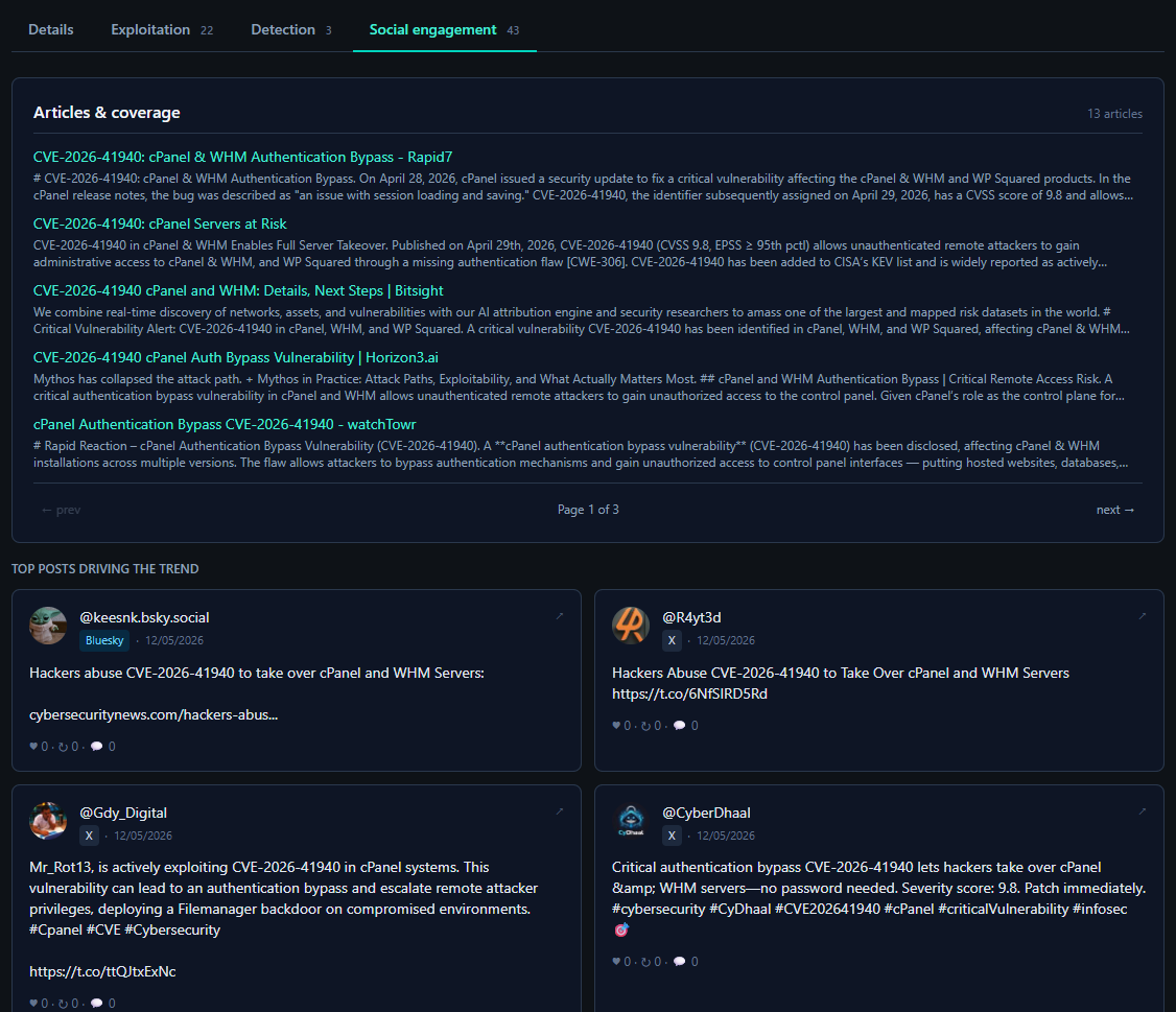 KevTheHermit's tweet photo. Knowing what vulnerabilities are real and which ones are hype is always a challenge CVSS doesn't reflect the real impact. What really matters is if its being actively exploited and if its easy to weaponize with existing POCs or technical writeups. 

To help cut through the Hype I created https://t.co/GRozRBG6Dr

Monitors X and Bluesky for social engagement. Then enriches with NVD, CISA KEV and searches for research articles and POCs. Once it has all that it does a sentiment analysis with Claude to give an overall score that will change over time.

Full transparency: @claudeai  was also used to help build this