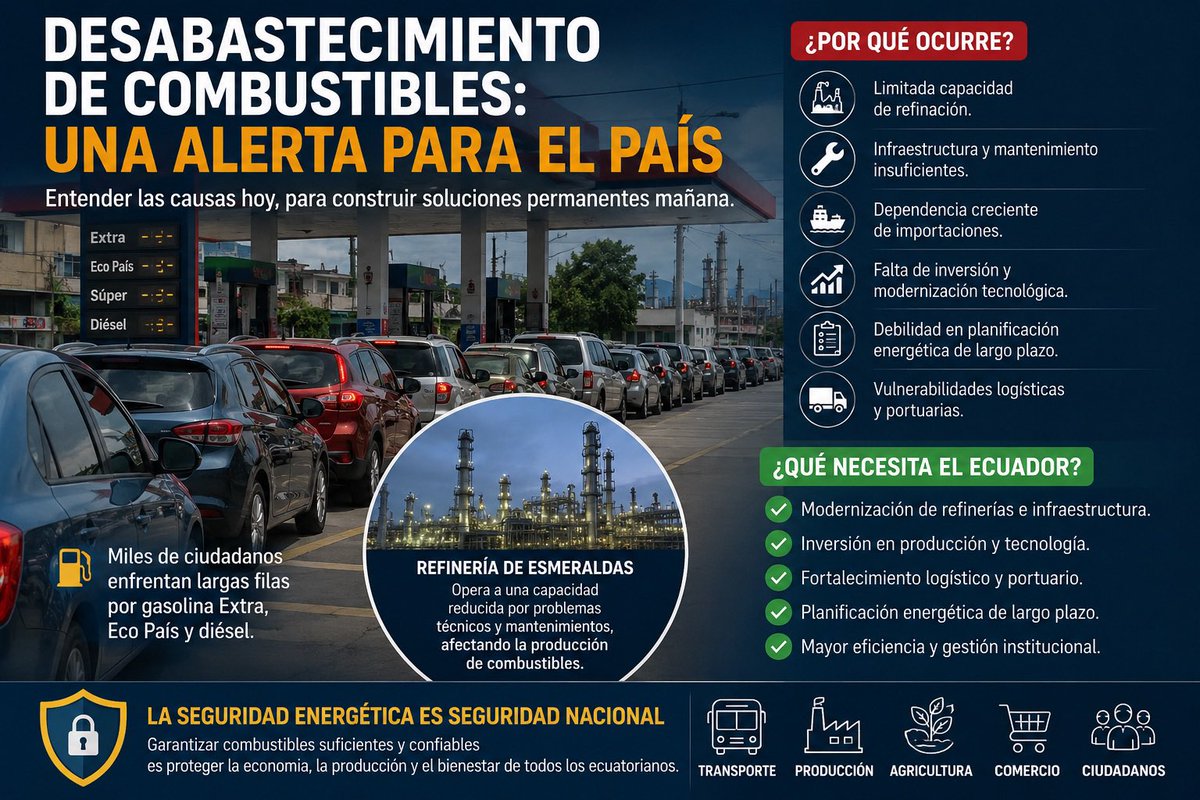 SerPlaton's tweet photo. 🚨 Las restricciones y dificultades de abastecimiento de combustibles no son solo una contingencia operativa.

También evidencian vulnerabilidades estructurales en refinación, infraestructura energética, logística y planificación de largo plazo.

Sin seguridad energética no hay producción, competitividad ni estabilidad nacional.

Comparto mi artículo completo:

https://t.co/CiNTS9MrRU

#Ecuador #Combustibles #SeguridadEnergética #Infraestructura #RefineríaEsmeraldas #SeguridadNacional