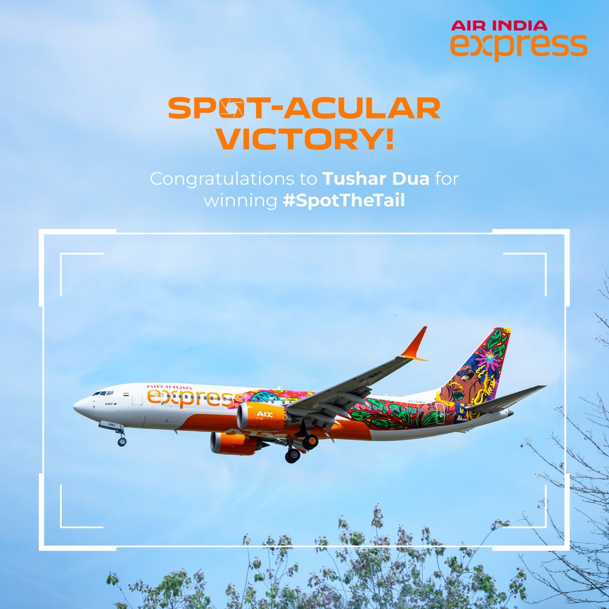AirIndiaX's tweet photo. 🎉 A big cheer for our #SpotTheTail winners!
@delhijets 
@avgeekwithlens 

Your stunning capture of our aircraft featuring The Flying Canvas stole the show. ✈️📸

#TalesOfIndia https://t.co/JZ0nmtbStH