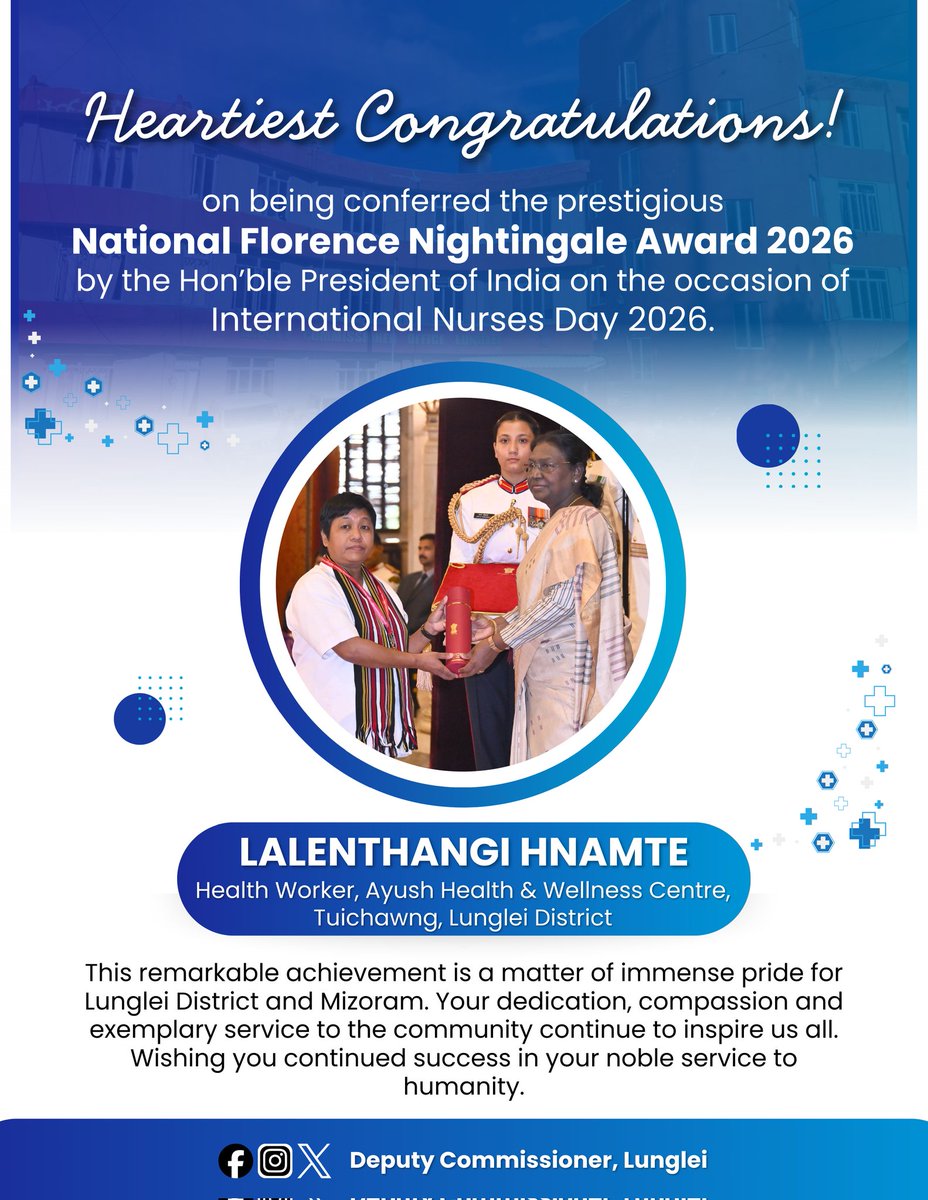 dclunglei's tweet photo. Congratulations, Ms Lalenthangi Hnamte, National Florence Nightingale Awardee 2026! This achievement is a matter of immense pride for Lunglei Dist and Mizoram. Your dedication and exemplary service inspire us all. Wishing you continued success in your noble service to humanity. https://t.co/W9nK4D65W7