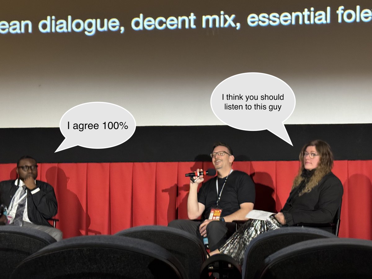 MichaelAudio's tweet photo. I was caught talking about the "zero line" concept of sound for film at @atlantafilmfest  with Elise Riley @MGP_MyGlobal and @delmixedit (not pictured is Greg Crawford and Chris Basta) https://t.co/bymDFsDgUa