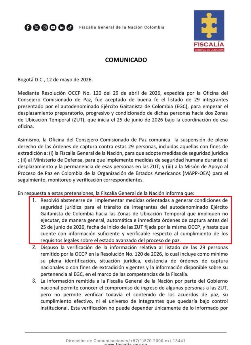 Acierta totalmente la Fiscalía General de la Nación al inaplicar la peticiones del Gobierno de suspender órdenes de captura 

Lo debe hacer también con todos los otros ‘Calarcá’ y compañía
