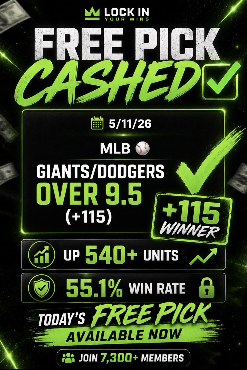 LockInYourWins's tweet photo. FREE PICK CASHED AGAIN ✅

Giants/Dodgers OVER 9.5 (+115) 💰

540+ Units Tracked 📈
55.1% Win Rate 🔒
7,300+ Members Strong

Today’s FREE PICK is LIVE NOW 👇
https://t.co/db0usNar25

#MLB #Dodgers #Giants #Baseball #SportsBetting #SportsPicks #BettingTwitter #GamblingTwitter #FreePick #MLBPicks #BettingTips #SportsBettor #SportsGambling #Parlays #SportsInvesting #SportsAnalytics #Bookies #Vegas #BettingCommunity #LockInYourWins