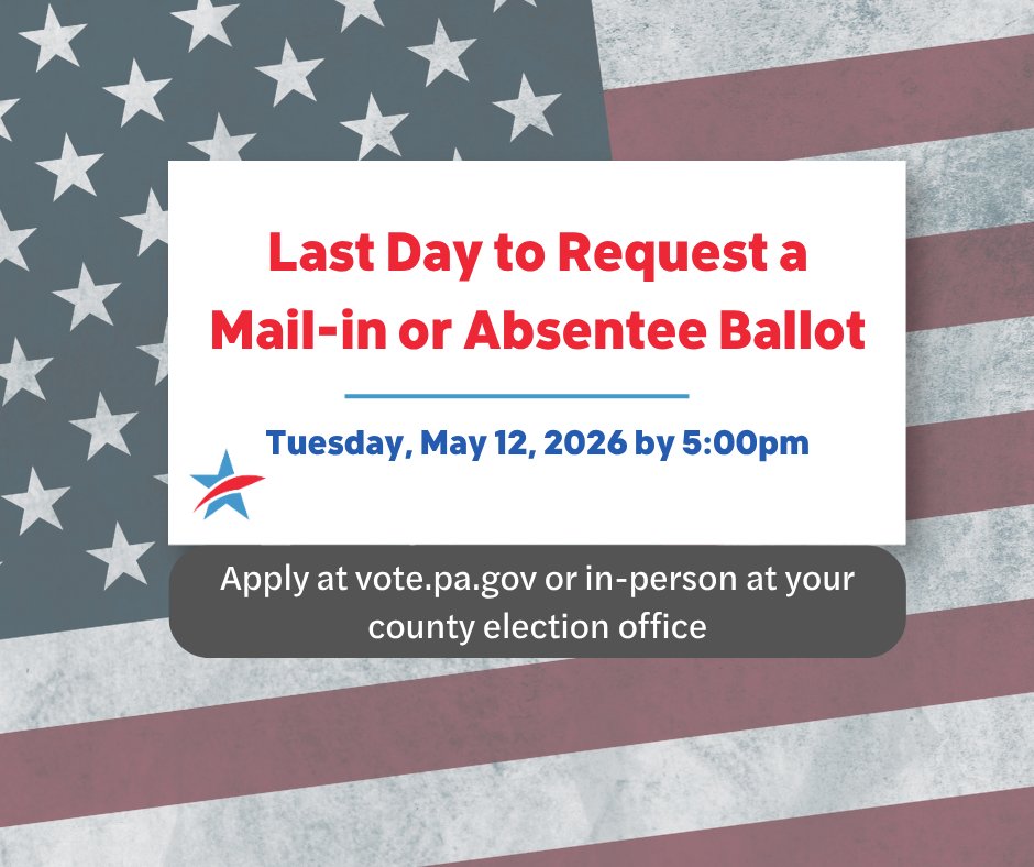 commoncausepa's tweet photo. PA voters, today is the mail-in or absentee ballot request deadline! Applications must be received by 5pm, so don’t delay! Visit https://t.co/8QXUNG4vKm or stop by your county elections office before tonight’s deadline! https://t.co/FfjR1OmZc0