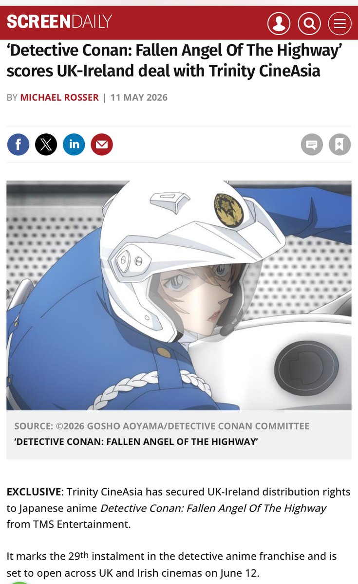 CineAsiaUK's tweet photo. 🏍️ Detective Conan fans, assemble — it’s that time of year again!

Trinity CineAsia has secured the UK distribution rights to the Japanese anime Detective Conan: Fallen Angel of the Highway. It marks the 29th instalment in the long-running detective anime franchise and is set to open across UK cinemas on 12 June.

Read the full news story @Screendaily: https://t.co/Kj4jRW3oGC

#DetectiveConan #Anime #Conan29MovieUK #DetectiveConanUK #名探偵コナンUK #DetectiveConanFallenAngeloftheHighway