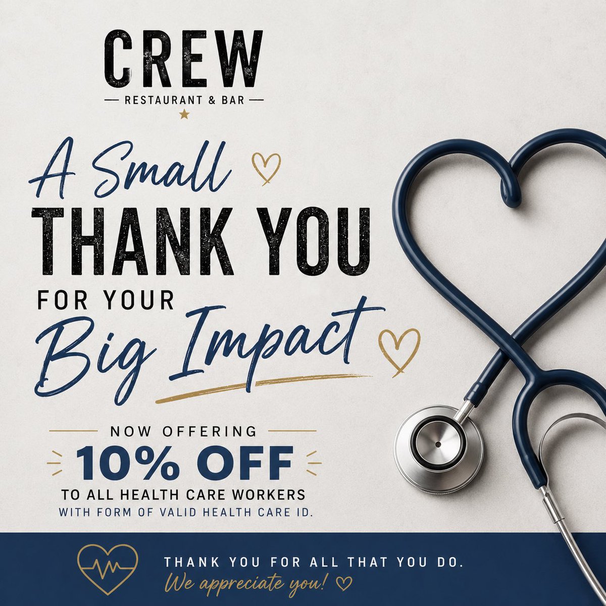 CrewRestaurant's tweet photo. Nurses Week may be coming to an end, but our appreciation lasts all year long. 
As a thank you to the incredible people who care for our community every day, Crew Restaurant &amp; Bar is proud to offer a 10% discount for all healthcare workers.
A small thank you for your big impact! https://t.co/573EKwGKKJ
