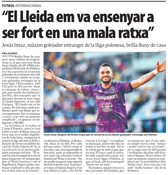 pauosorio40's tweet photo. 🏆 Jesús Imaz (Lleida, 26-09-1990) es va convertir en el màxim golejador estranger de l'Ekstraklasa, la lliga polonesa. Amb 110 gols en 266 partits, el lleidatà ha gravat a foc el seu nom en la història del Jagiellonia Bialystok, del futbol polonès i, evidentment, de Lleida. https://t.co/hroquMthk6