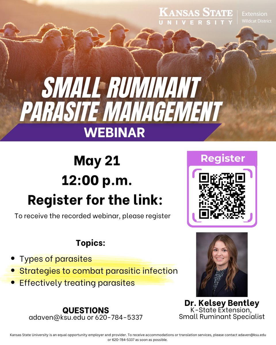 WldcatAg's tweet photo. Join us next Thursday at Noon to learn more about managing parasites in sheep and goats!

Register here: https://t.co/KUvyBuhuNI

#goats #sheep #meatgoats https://t.co/brRK13OQH4