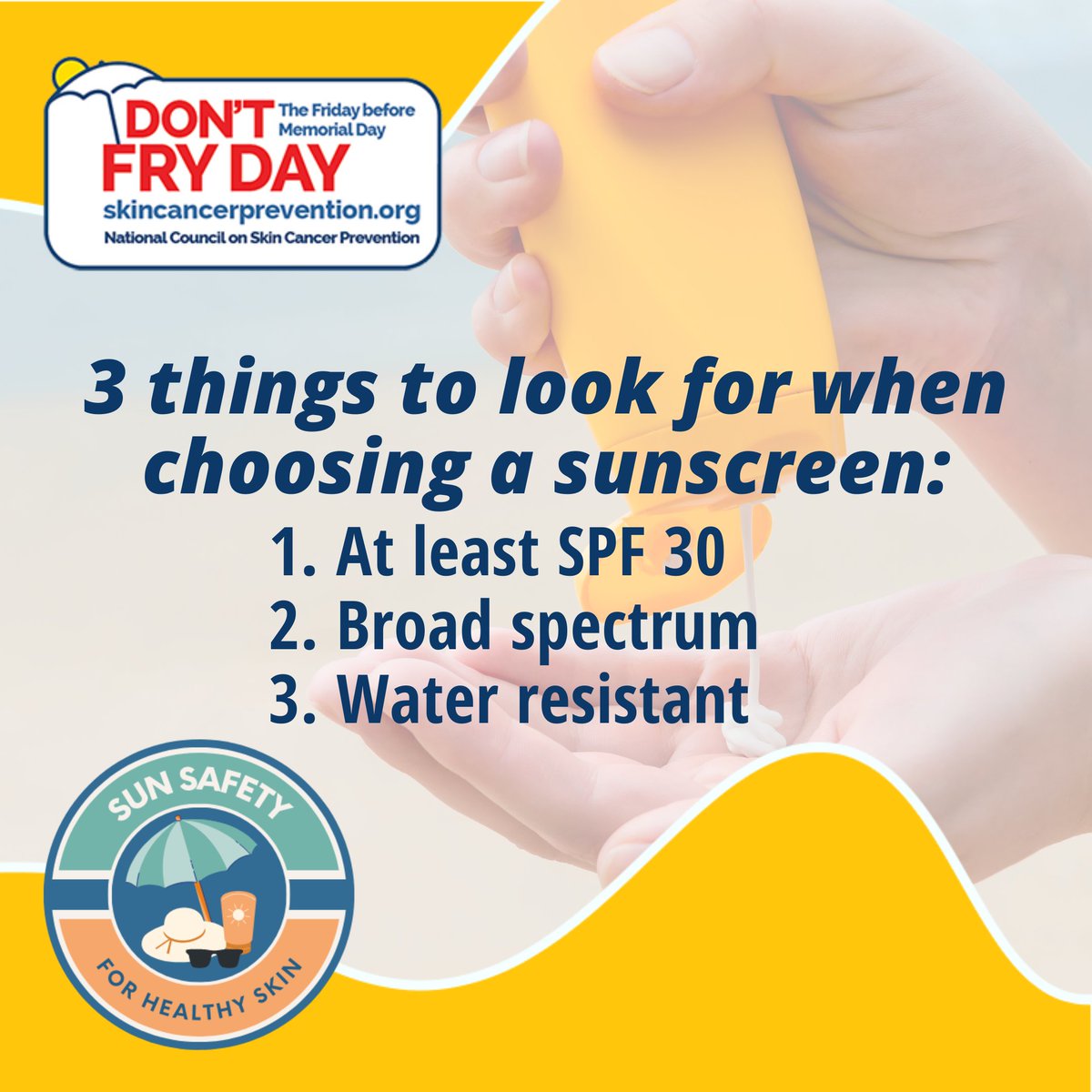 NWSWPC's tweet photo. Today is the final day of #HeatSafety Week!

Protect yourself and those you love by wearing your sunscreen every day–even when it’s cloudy. Regularly reapply every two hours or after you sweat or get wet! #DontFryDay #HeatSafety https://t.co/UHp7PBZ13S