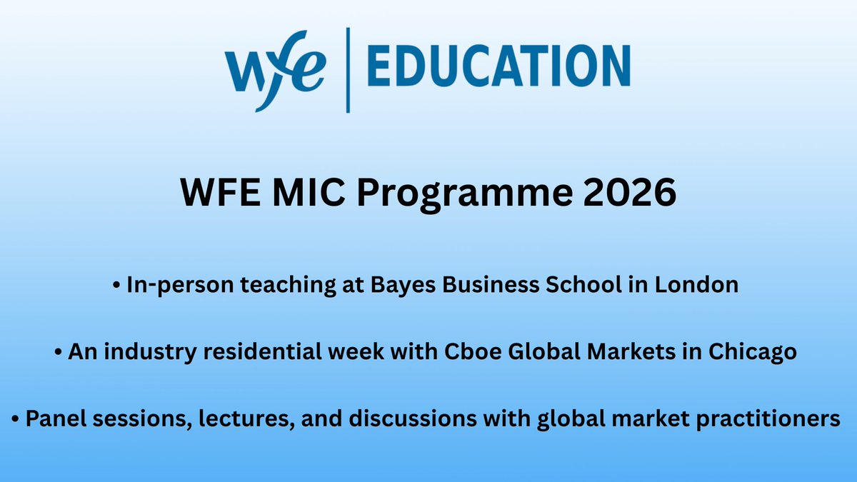TheWFE's tweet photo. Beyond the classroom, The MIC includes:
• In-person teaching at Bayes Business School in London
• An industry residential week with Cboe Global Markets in Chicago
• Panel sessions, lectures, and discussions with global market practitioners

Apply now: https://t.co/2w2RzDnoVG https://t.co/6gxrChEYUJ