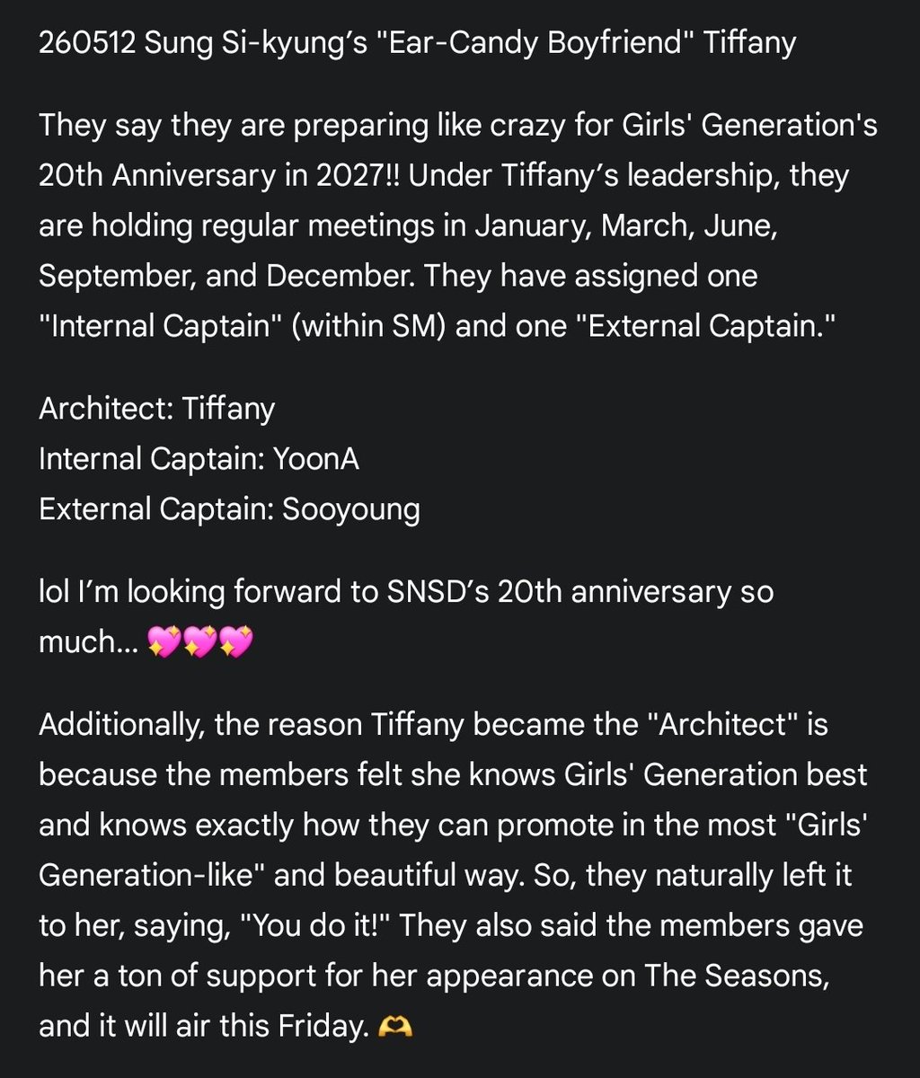 SONE!!!! THE PARTY IS COMING NEXT YEAR!!!!
Regular meeting is scheduled on Jan, Mar, Jun, Sep, Dec 2026 to discuss SNSD 20th Anniv, and having TIFFANY as the "architect", YOONA as "internal captain" (SM rep), and SOOYOUNG as "external cap" (Non-SM rep) 🥹
THE NO.1 GIRL GROUP!!!!
