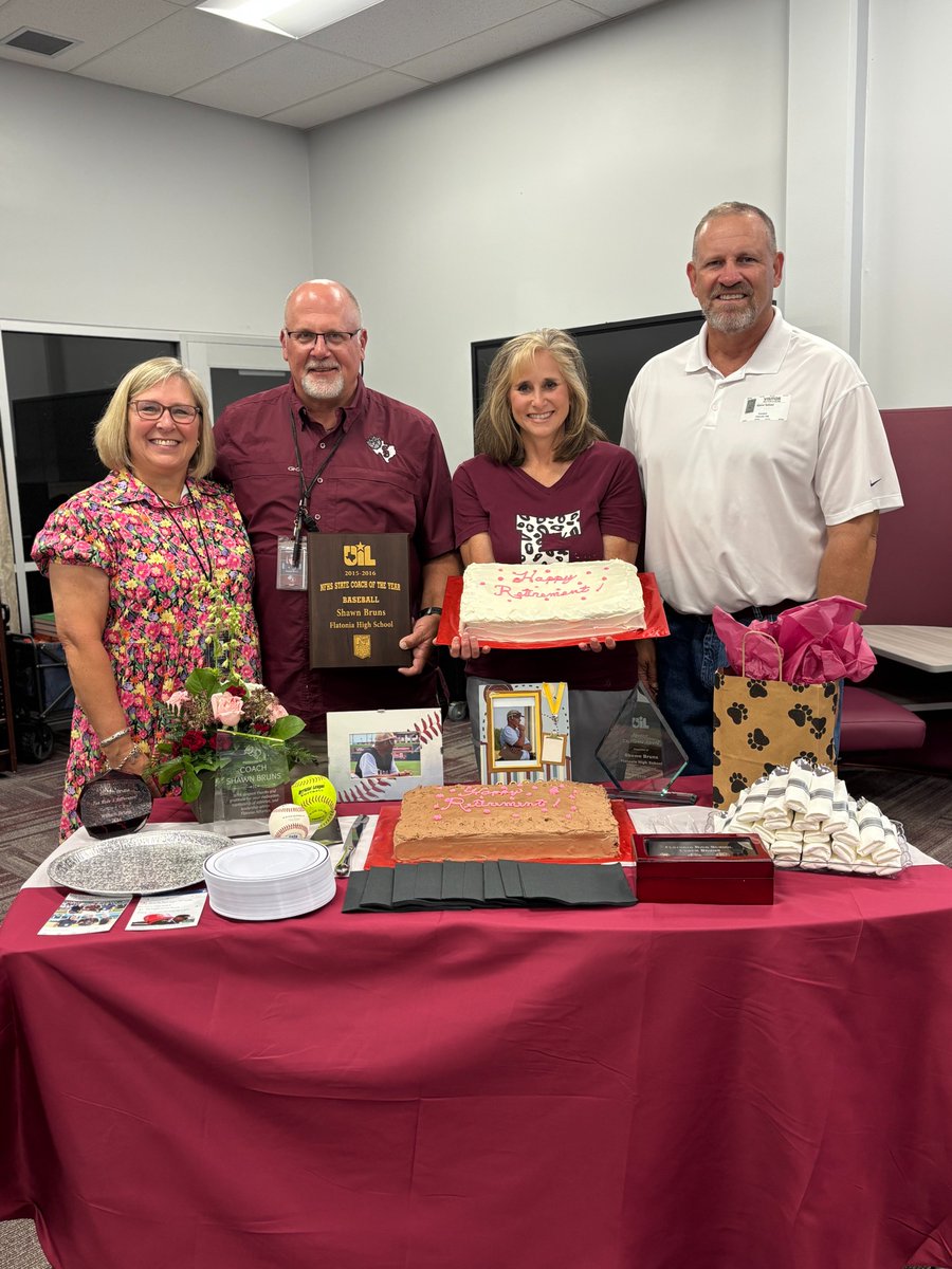 FlatoniaISD's tweet photo. FISD would like to offer best wishes on a well-deserved retirement to Shawn Bruns &amp; Brenda Selzer. Selzer has served the district for 5 years. Coach Bruns has dedicated 35 years to the district and has had the pleasure of coaching several generations of student-athletes. https://t.co/msHEv2yVpd