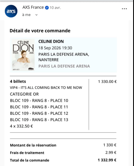 Aycy07's tweet photo. place pour le concert de CELINE DION EN CATEGORIE OR il ne m'en reste plus que 2!!!  #CELINEDION https://t.co/qlCIzQyQrt
